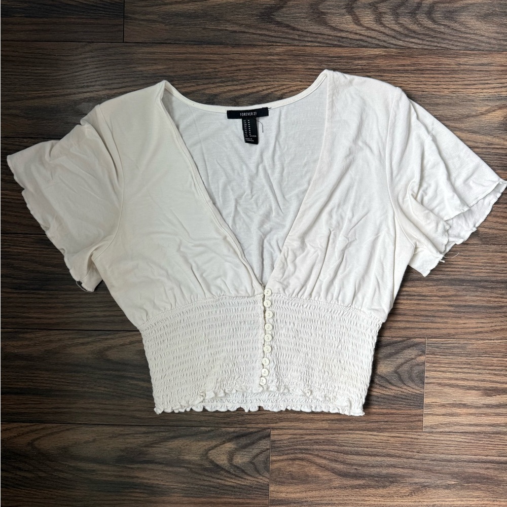 Forever 21 White Flutter Sleeve Smocked Crop Blouse
